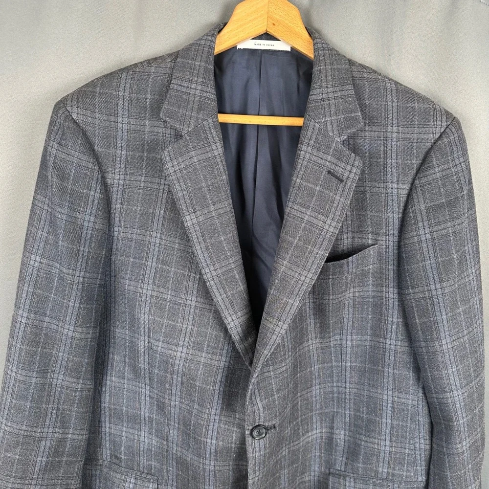 John W. Nordstrom Mens 44L Blazer Sport Coat Grey Blue Plaid Silk Wool Blend